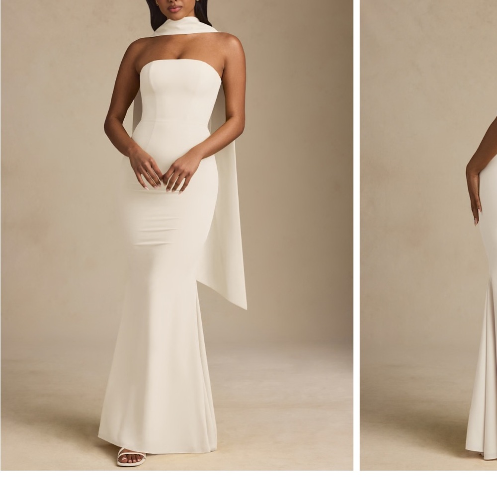 Oh Polly Imogene Scarf-Detail Strapless Gown in Ivory Size US 6/UK 10